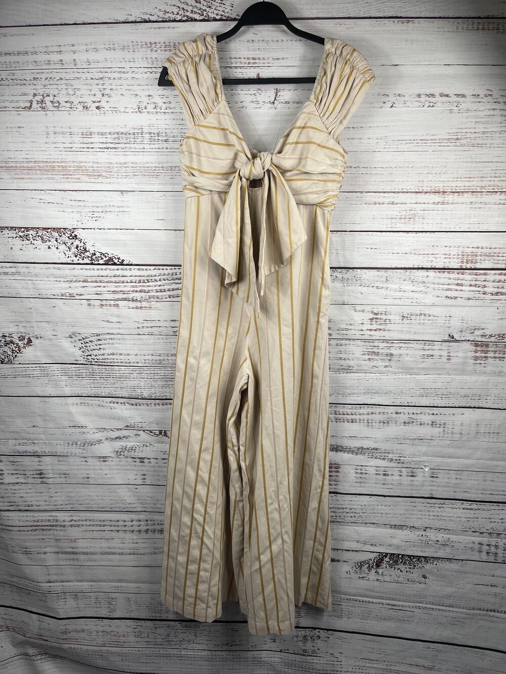 LEYT Jumpsuit Women's Size S Beige Yellow Stripe Wide Leg Tie Front Pockets